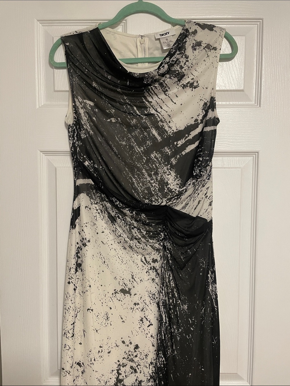 DKNY Black & White Abstract Draped Midi Dress